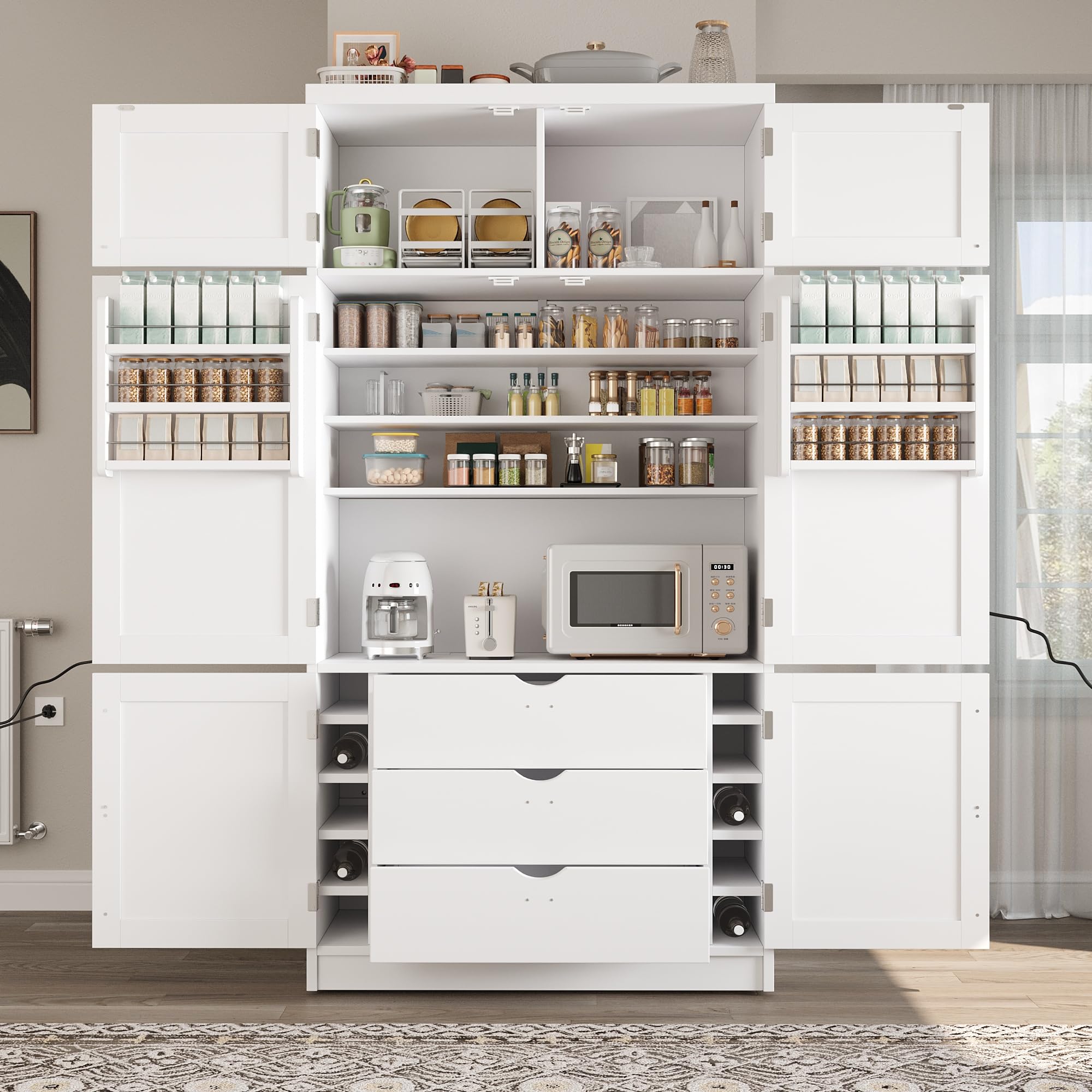 Photo 1 of ***PARTIAL SET/BOX 2 OF 2 ONLY/DAMAGED PARTS** Merax 80" Tall Kitchen Pantry Cabinet with 2 Power Outlets, 41" W Modern Large Freestanding Cupboard with Microwave Stand, Drawers, Adjustable Shelves, Wine Racks & Door-Shelf for Dinner Room, White