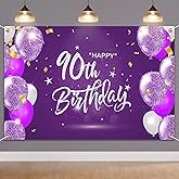 HAMIGAR 6x4ft Happy 90th Birthday Banner Backdrop - 90 Years Old Birthday Decorations Party Supplies for Women - Purple