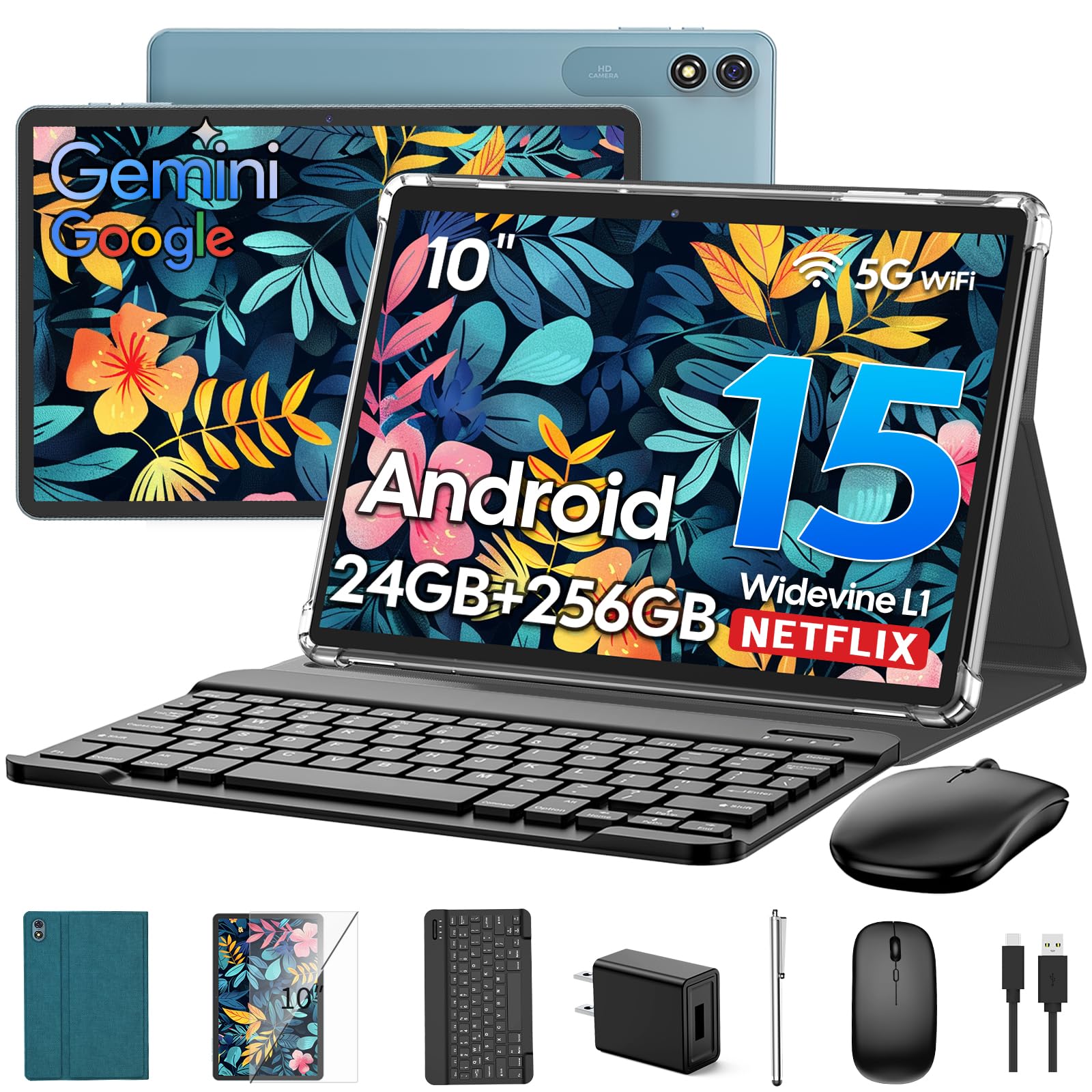 Photo 1 of Suicoey 2026 Android 15 Tablet with Keyboard, 24GB RAM + 256GB ROM (2TB Expand), 10 inch Tablet with Gemini AI, Octa-Core, 8000mAh, Widevine L1, 2 in 1 Tablets with Case, Mouse, Stylus(Green Case)