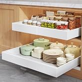 Seinloes 2 Pack Pull Out Cabinet Organizers 21"Deep with Raising Pad for Framed Cabinets,Expandable Slide Out Drawers Upgrade 3 Slide Rails,Roll Out Shelves Adhesive,Adjustable Width 12"-20.45" White