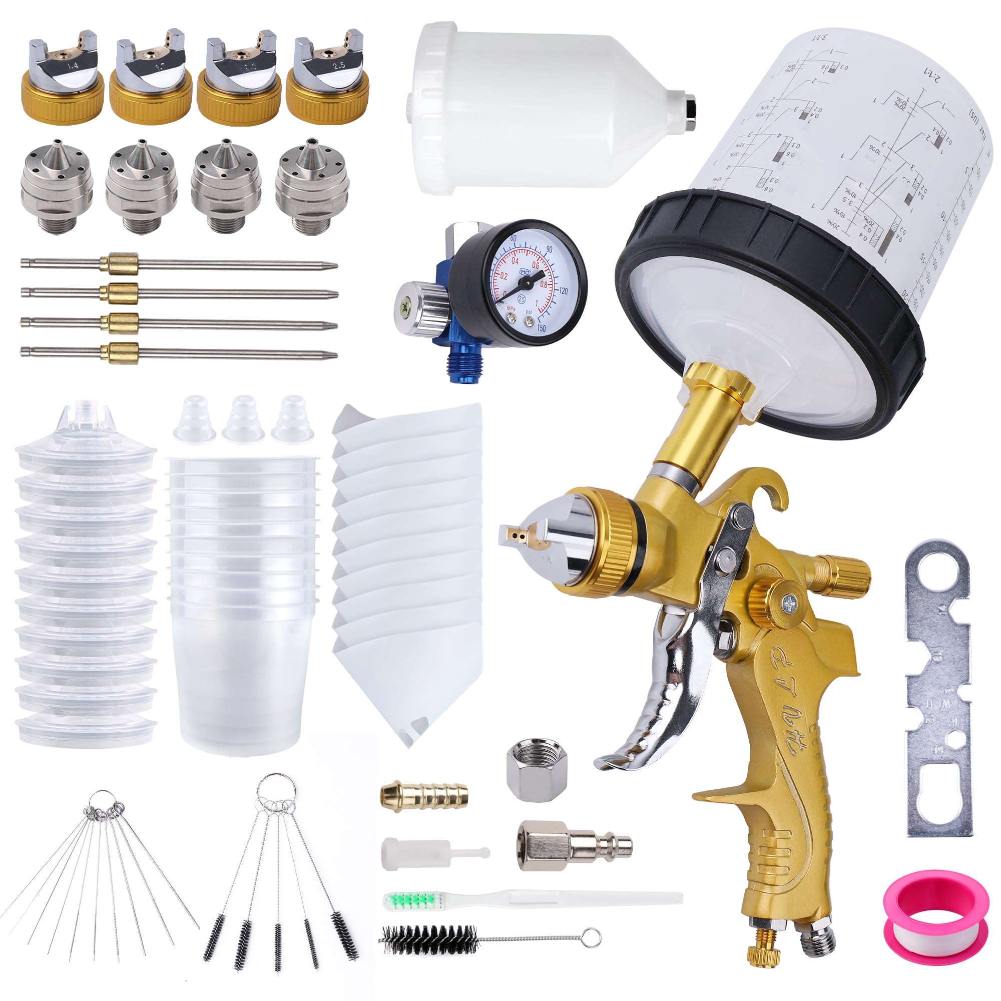 Photo 1 of Zeinlenx HVLP Spray Gun with 10Pcs 600ML Disposable Paint Cups, 4 Nozzles,1.4/1.7/2.0/2.5mm, Automotive Gravity Feed Paint Spray Gun Kit with Air Compressor Regulator for Auto (Gold)