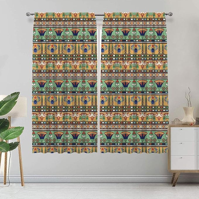 Egyptian Curtains, Exotic Motifs Pattern with Lily Flower and Scarab