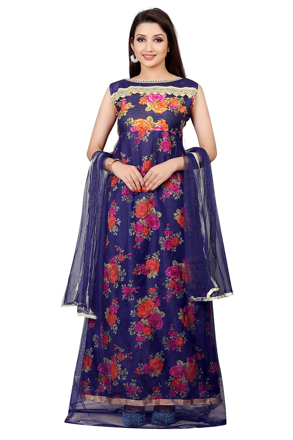 b r fashion women's georgette traditional gown (roz blue, blue, free size)