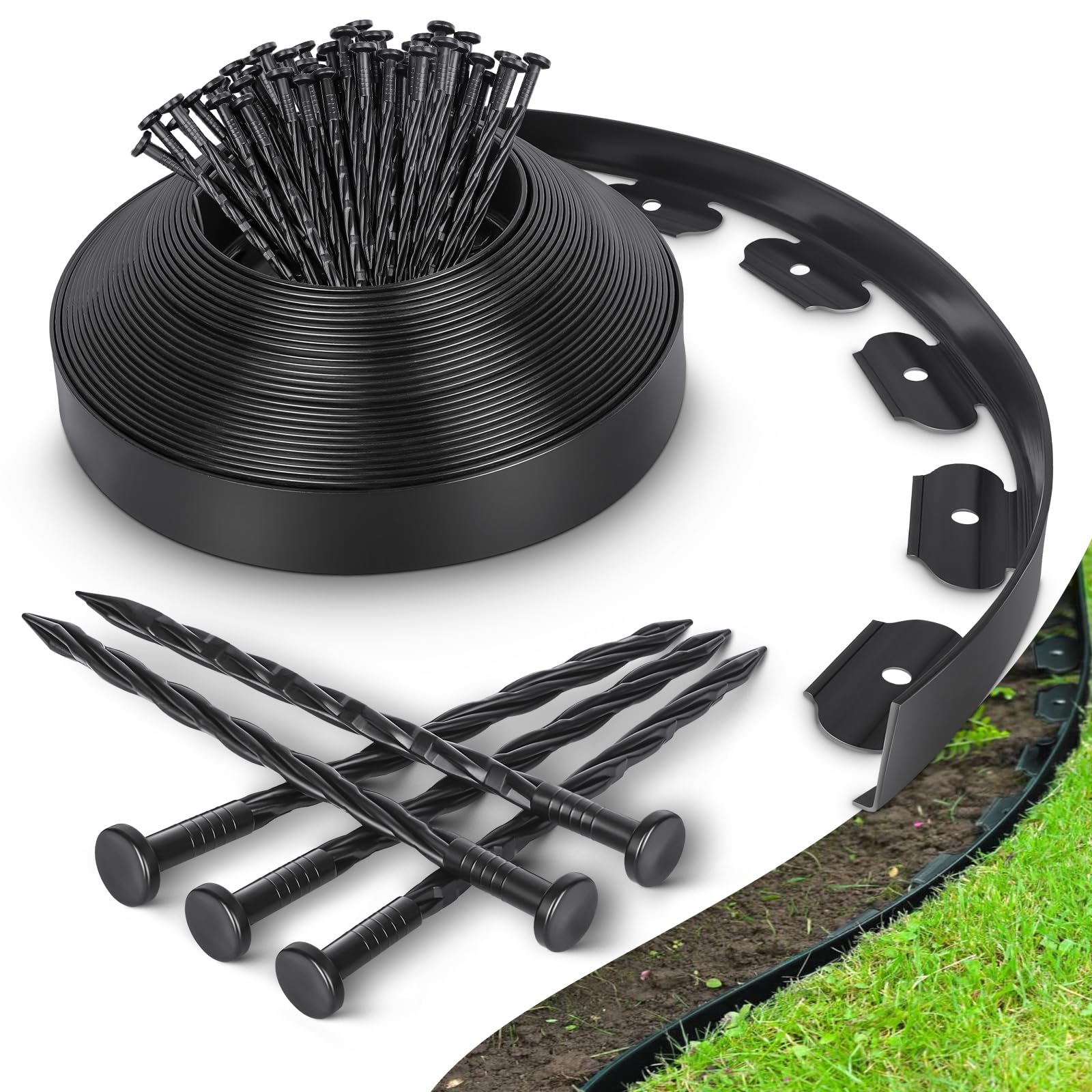 Photo 1 of 33FT No Dig Landscape Edging Border Kit, 1.8" Tall Garden Edging Border with 40 Spikes, Plastic Lawn Border Flexible for Garden Flower Bed Edging Lawn Paver Yard Pathway