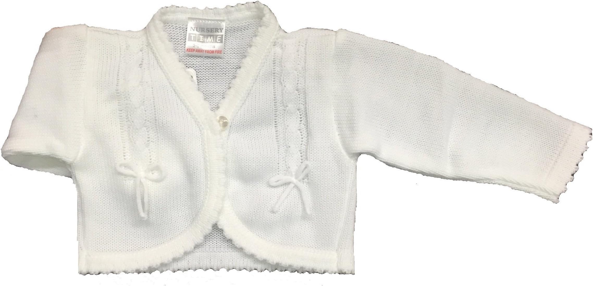 Nursery Time Baby Girl White Bolero Cable Design with Bow Knitted Cardigan/Shrug