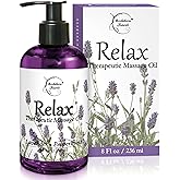 Relax Therapeutic Body Massage Oil - with Best Essential Oils for Sore Muscles & Stiffness – Lavender, Peppermint & Marjoram - All Natural - with Sweet Almond, Grapeseed & Jojoba Oil 8oz
