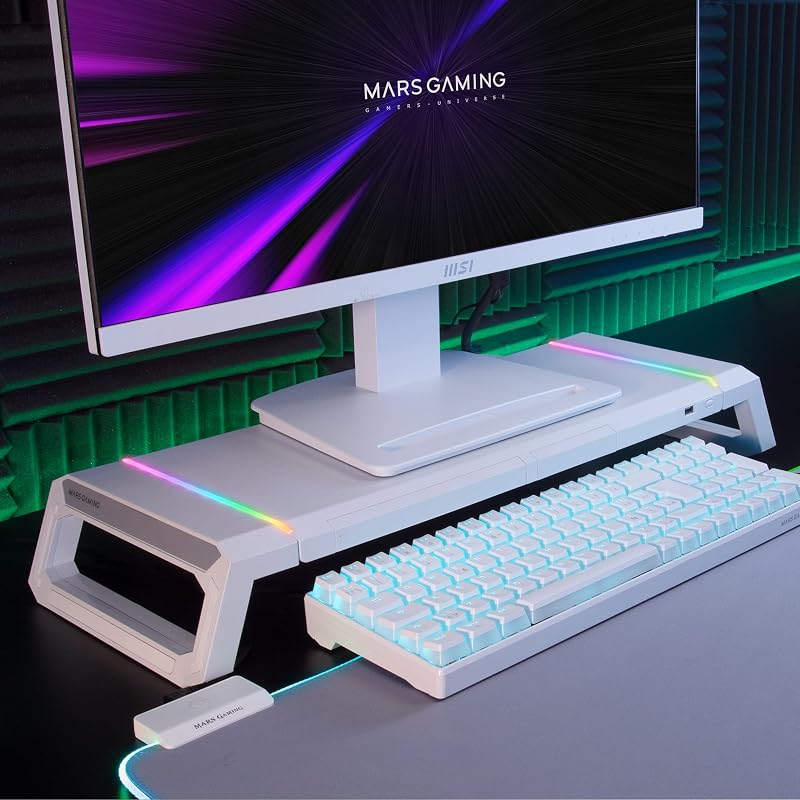 Suporte de desktop para monitores mars gaming mgs-one branco ajustável a 3 tamanhos porta usb 2.0 branca