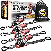 Strapinno Retractable Ratchet Straps 1 in x 10 ft, Secure Tie-Downs with Rubber-Coated Steel Handles, for Motorcycle, Jetski, Kayak, Breaking Strength 1,500LBS/680KG (Black Strap, White Zinc Coated)
