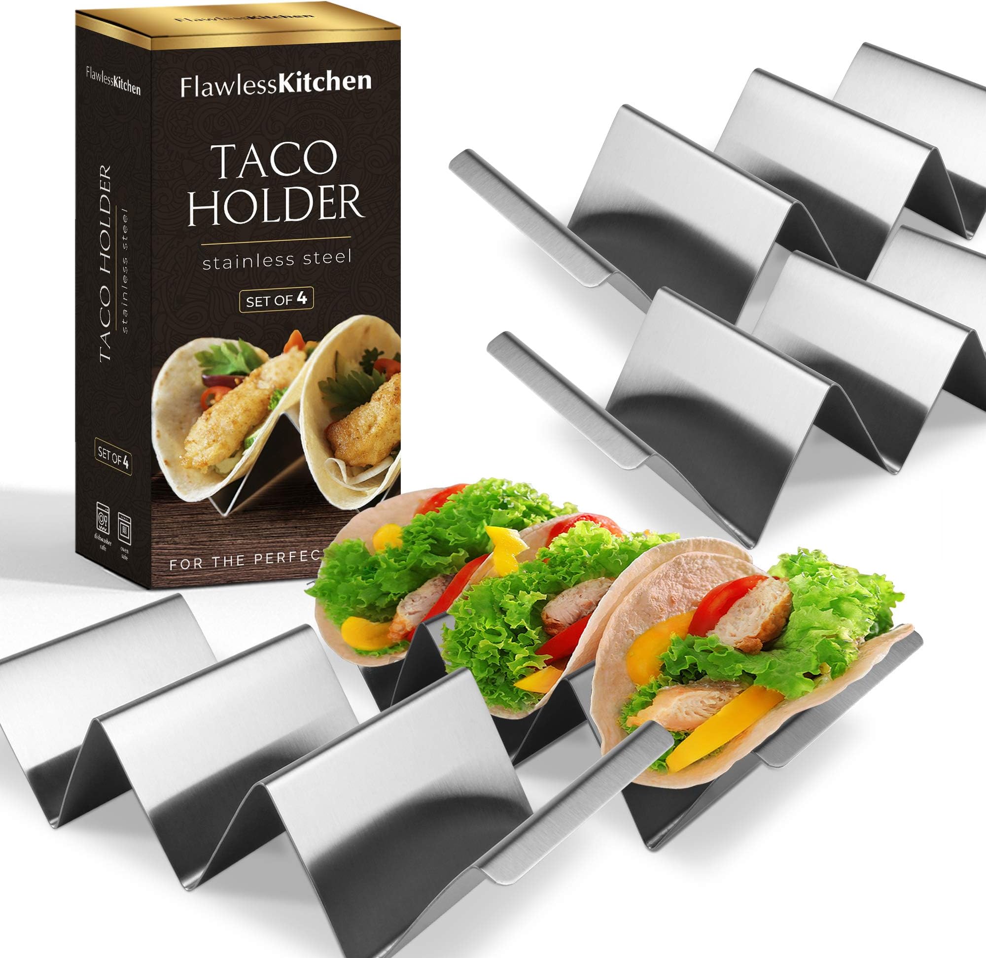 Premium Taco Holder (4 Pack) by Flawless Kitchen - Serve Your Taco Plates With Our Stylish Stands - Stainless Steel Rack Holds Up To 3 Mini Or Large Shells - Oven, Baking, Grill & Dishwasher Safe