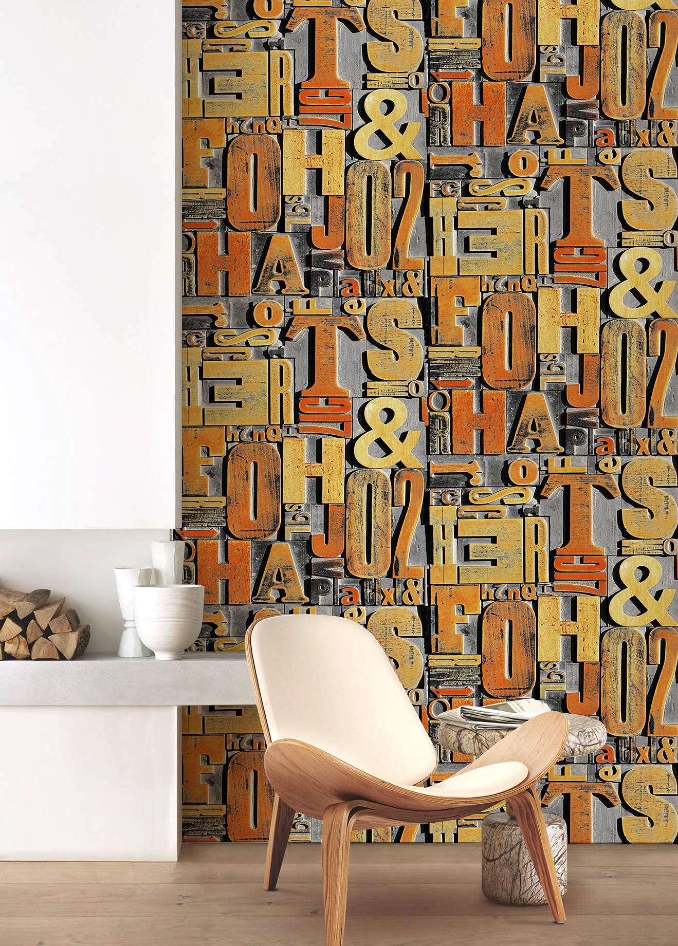 BUVU Wallpaper 0.53 x 10 m Modern Design, Industrial Loft Wallpaper, Washable Vinyl Wallpaper, Orange