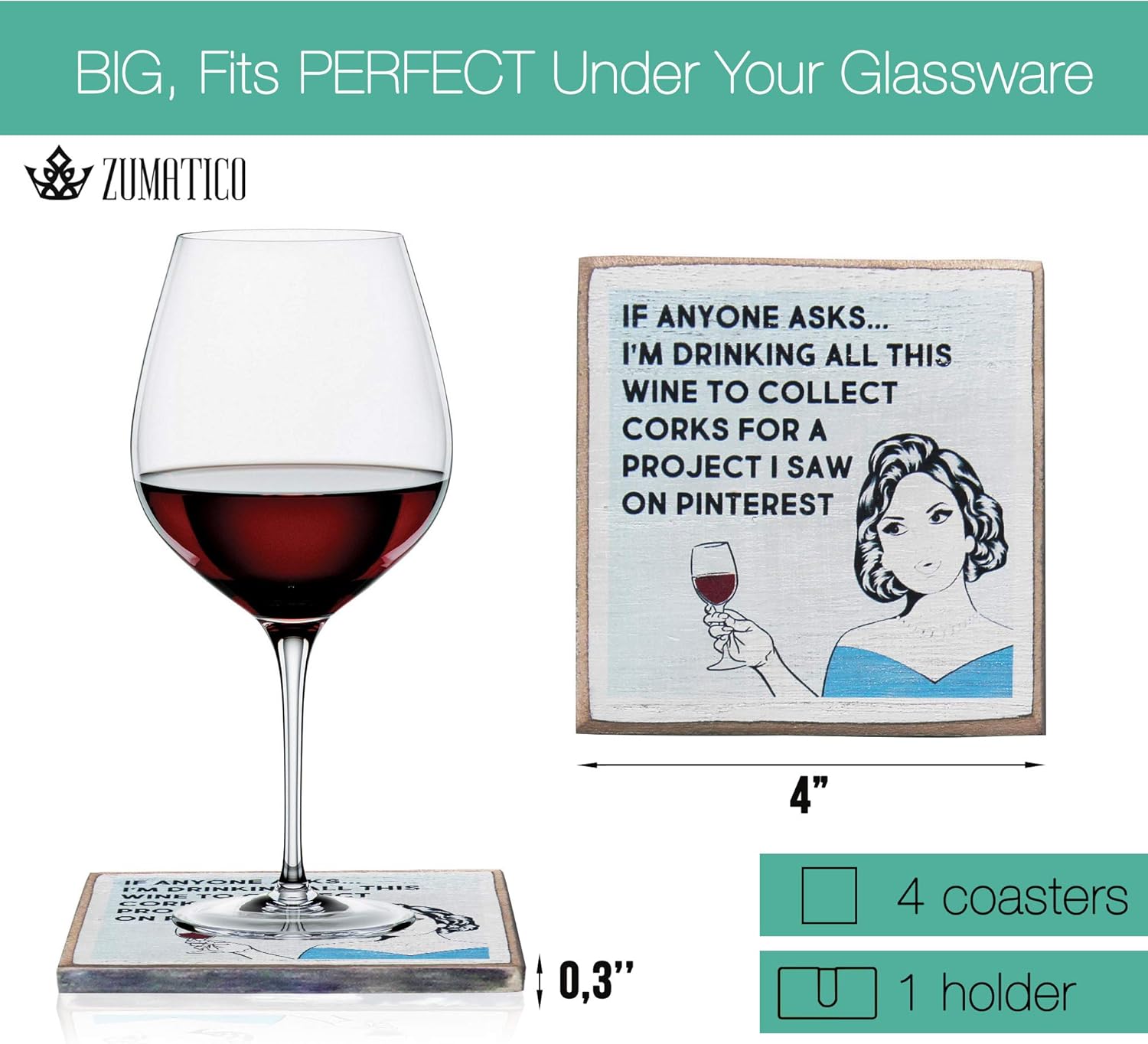 Zumatico 4 Funny Wine Coasters Set & Holder | Rustic Wood with Funny Sayings & Quotes | Great Wine Gift for Women | Housewarming Gift for Wine Lovers: Home & Kitchen
