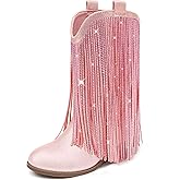 LAURMOSA Rhinestone Fringe Cowgirl Boots for Girls Mid Calf Pointed Toe Cowboy Boots for Toddler Little Big Kids Party Country
