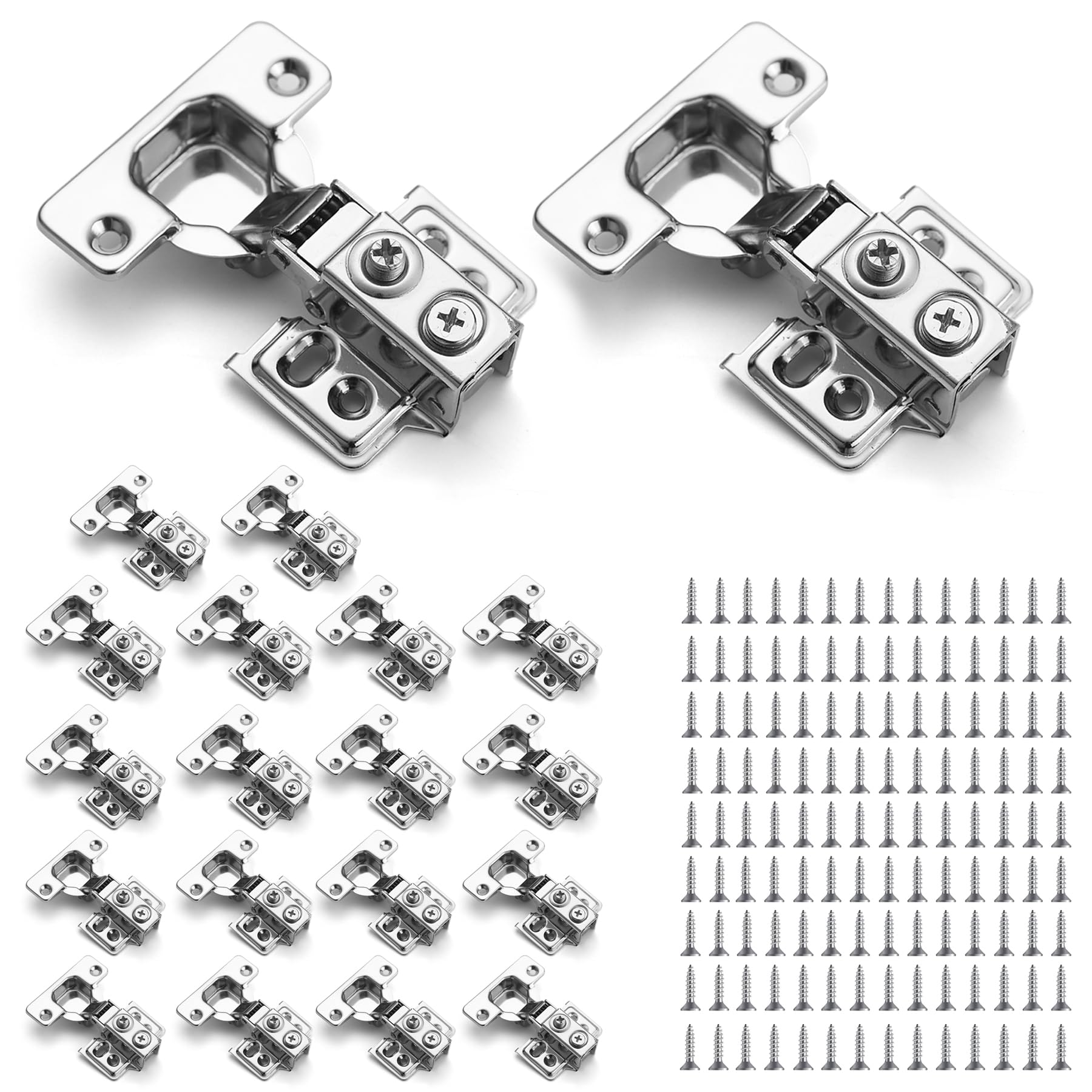 Kyraton 20 Pack (10 Pair) Stainless Steel Overlay Soft Close Hinges for Kitchen Cabinets, 1/2 inch Self Closing Door Hinges with Mounting Screws, Damper-3 Way Adjustability