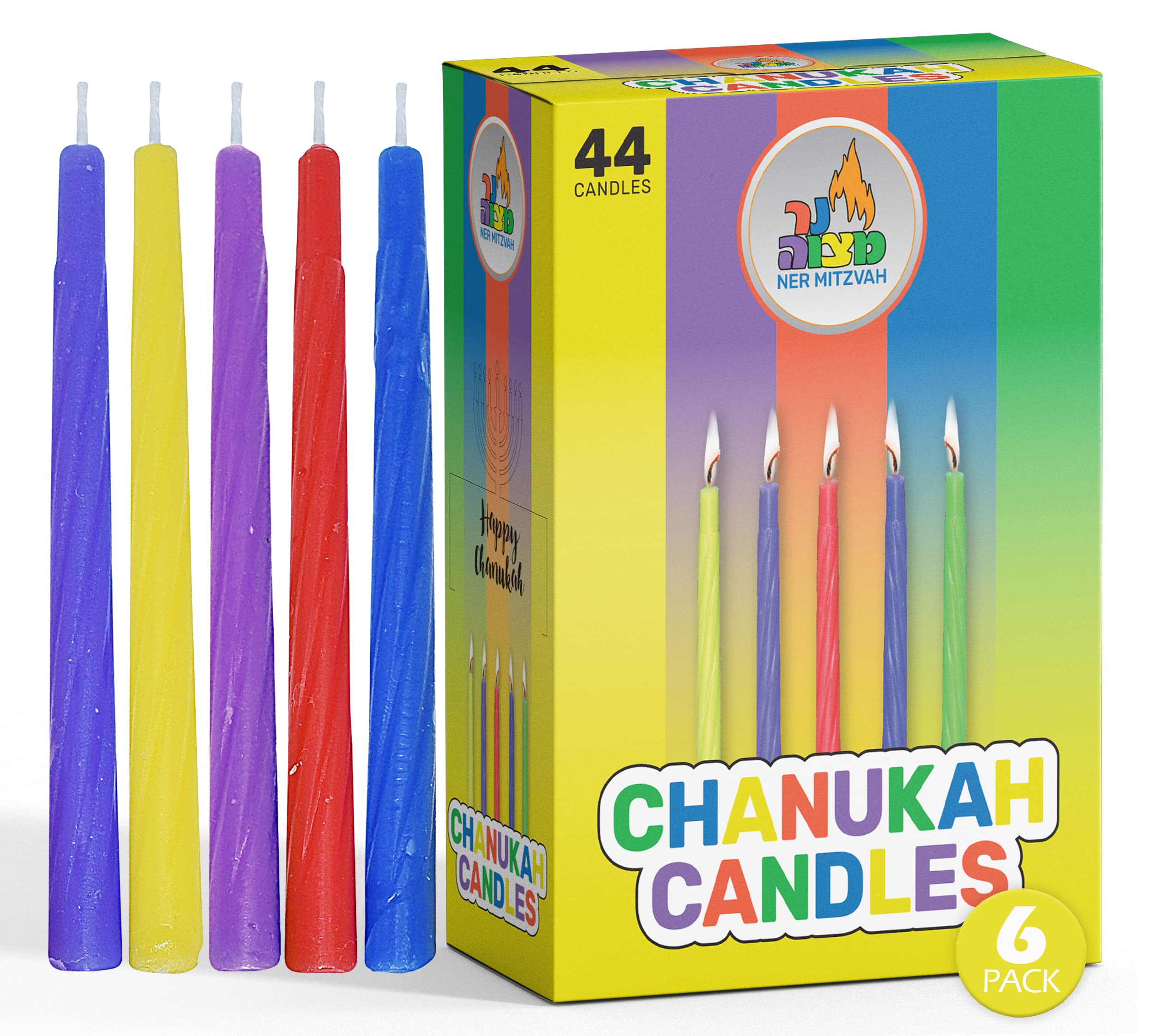 6-Pack Colorful Chanukah Candles - Standard Size Hanukkah Candles - Premium Quality Wax - Assorted Colors - Bulk Pack for All 8 Nights of Hanukkah - by Ner Mitzvah