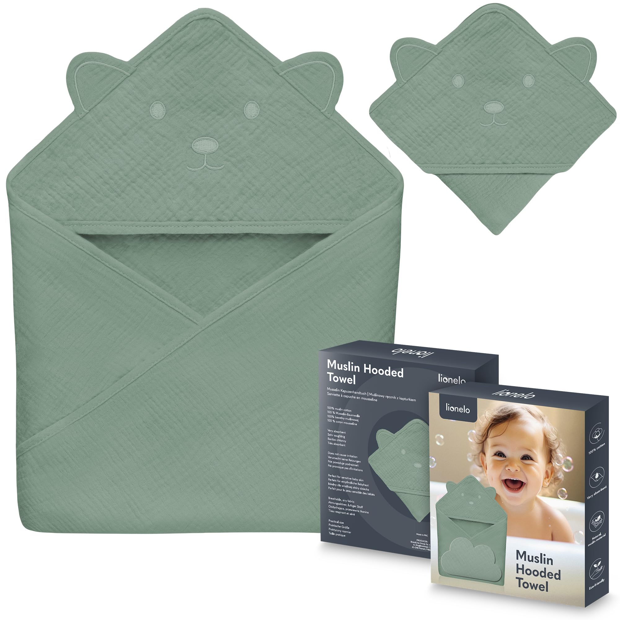 lionelo Baby Hooded Towel 100% Natural Muslin Cotton 80x80cm Absorbent Bath Towel with Hood for Newborns & Toddlers 6 Colours Soft & Breathable, Swaddle Muslin, Nursery Blankets (Green, 80x80 cm)