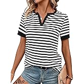 LilyCoco Women's Striped Shirt Short Sleeve Color Block Tops Notched Neck Summer Tee