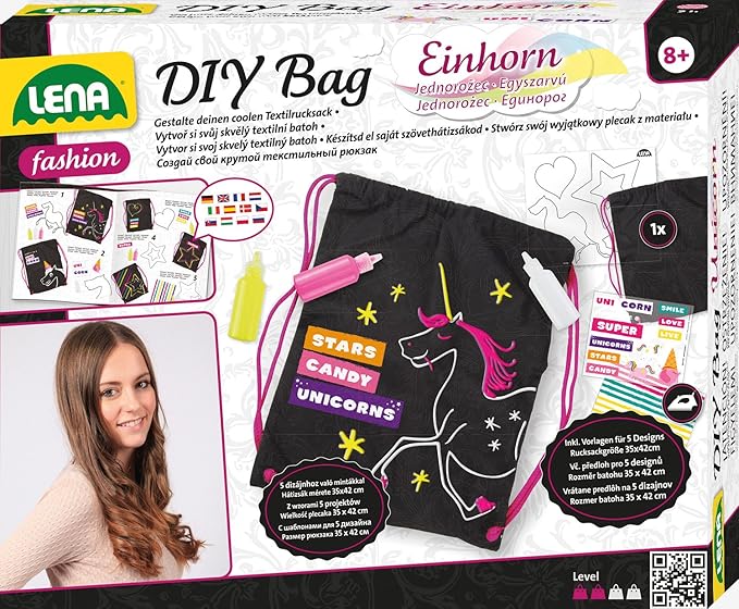 Lena 42607 - Bastelset DIY Rucksack Einhorn, Komplettset mit Leinenrucksack ca. 35 x 42 cm, 3 Textilstiften, 3 Schablonen und