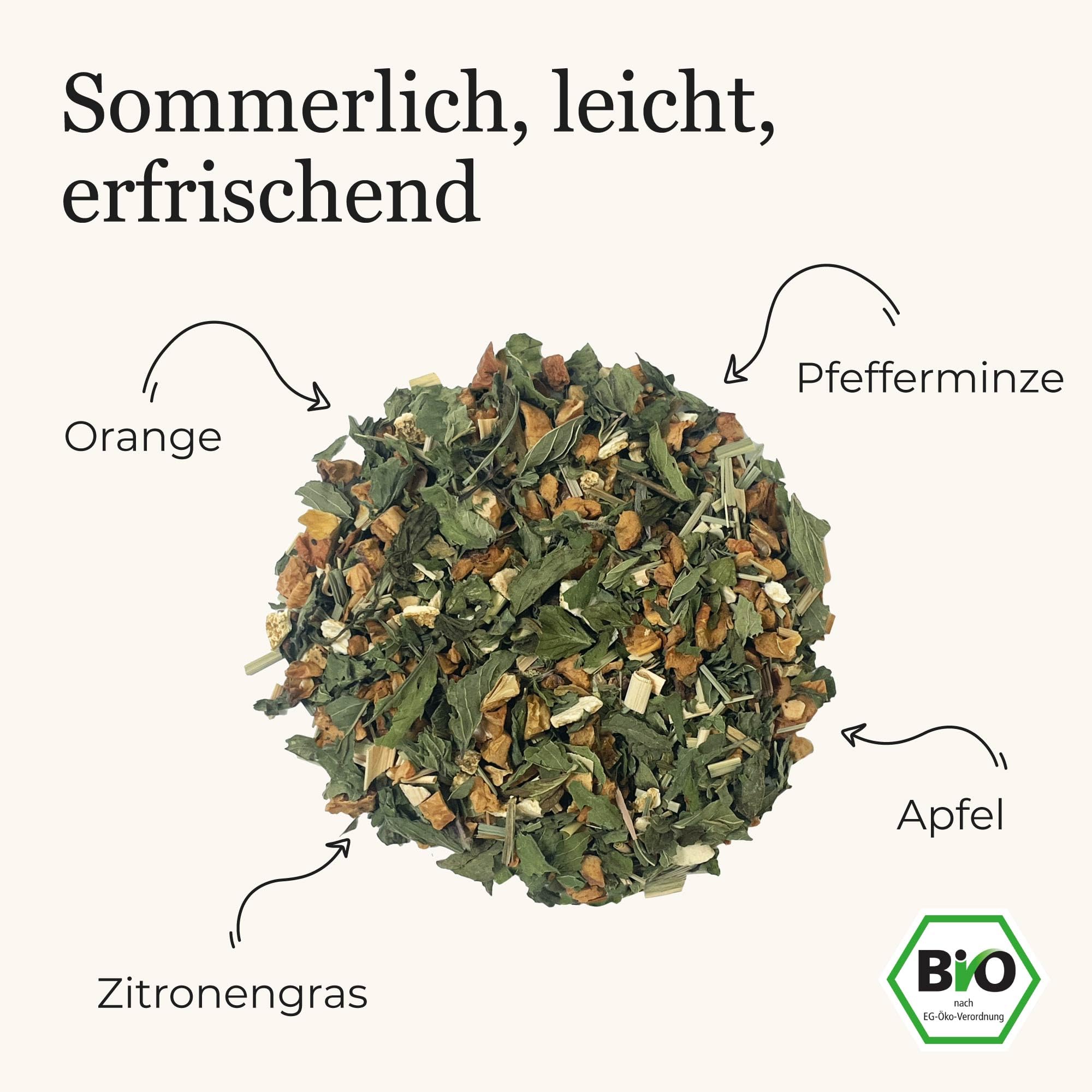 BIO Minz Eistee Lose ohne Aromastoffe, ohne Zucker und ohne Koffein mit natürlicher Minze, Apfel, Orange und Zitronengras 100g 3