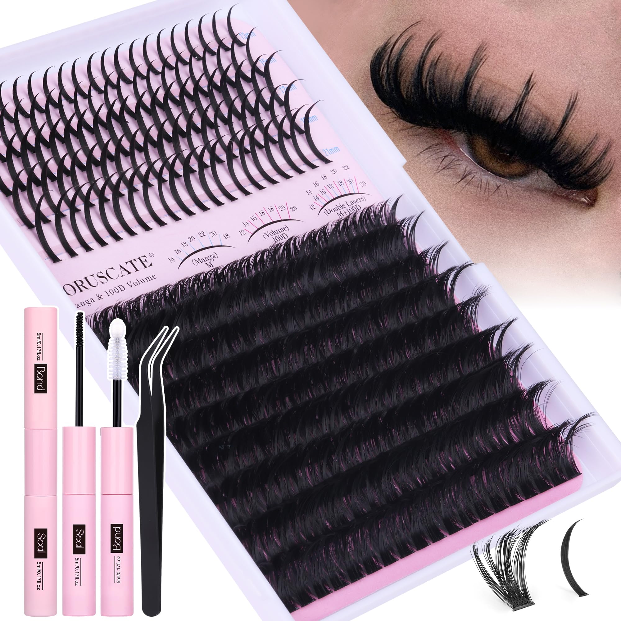 Photo 1 of Lash Clusters Kit 100D Long Lash Spikes Lash Extension Kit Thick Eyelash Clusters Volume Individual Lashes Kit Mega Cluster Eyelash Extensions Strip Lashes DIY Spiky Lash Bond and Seal by CORUSCATE