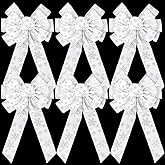Unittype 6 Pcs Large Christmas Bow with Snowflake 10 x 20" Velvet Wired Ribbon Bows Christmas Tree Topper Bow Xmas Craft Bows for Wreath Xmas Party Indoor Outdoor Home Decoration(Polyester,White)