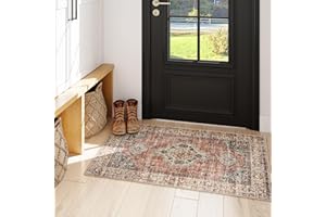 Lahome Oriental Small Area Rug - 2x4 Entryway Rug Non-Slip Vintage Small Rug Ultra-Thin Washable Indoor Door Mat Distressed Throw Rug Carpet for Bathroom Kitchen Bedroom(2x4ft,Peach/Orange)