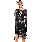PrettyGuide Women's 1920s Gatsby Dress Long Fringe Vintage Sequin Art Deco Cocktail Flapper Dress with Sleeves
