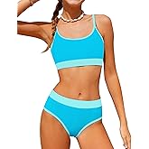 MIGU Girls Swimsuit Color-Block Adjustable Straps Girls Bathing Suit Bikini Sets with Chest Pad 2 Piece Swimwear 9-16T