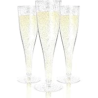 Disposable Plastic Champagne Flutes - 100 Pack - Silver Glitter Plastic Champagne Glasses for Parties - Toasting Cups - Mimos