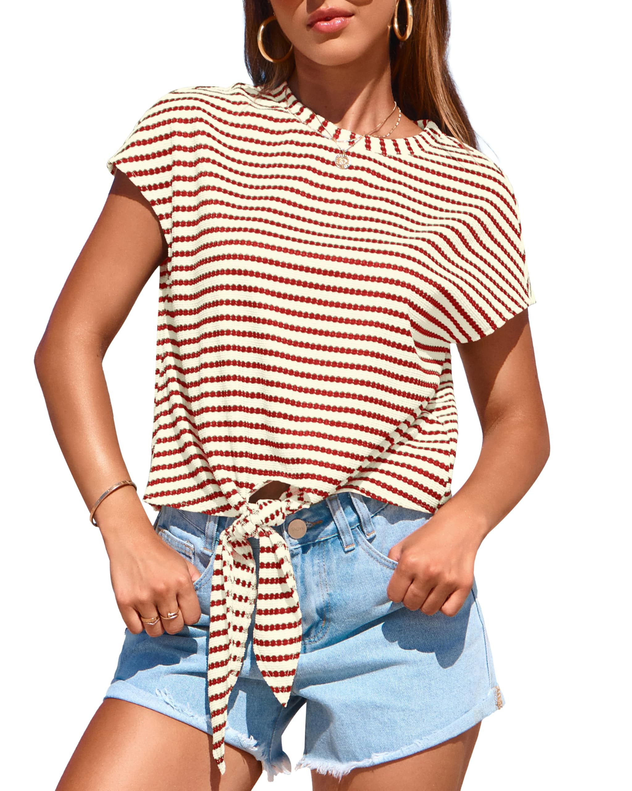 Photo 1 of ***(COLOR IS YELLOW)***PRETTYGARDEN Womens Tops 2025 Cute Summer Cap Sleeve Crewneck Tie Knot Striped Shirts Casual Loose Blouses Knit Crop Top(Stripes Beige and Jujube Red,Medium) ***(COLOR IS YELLOW)***