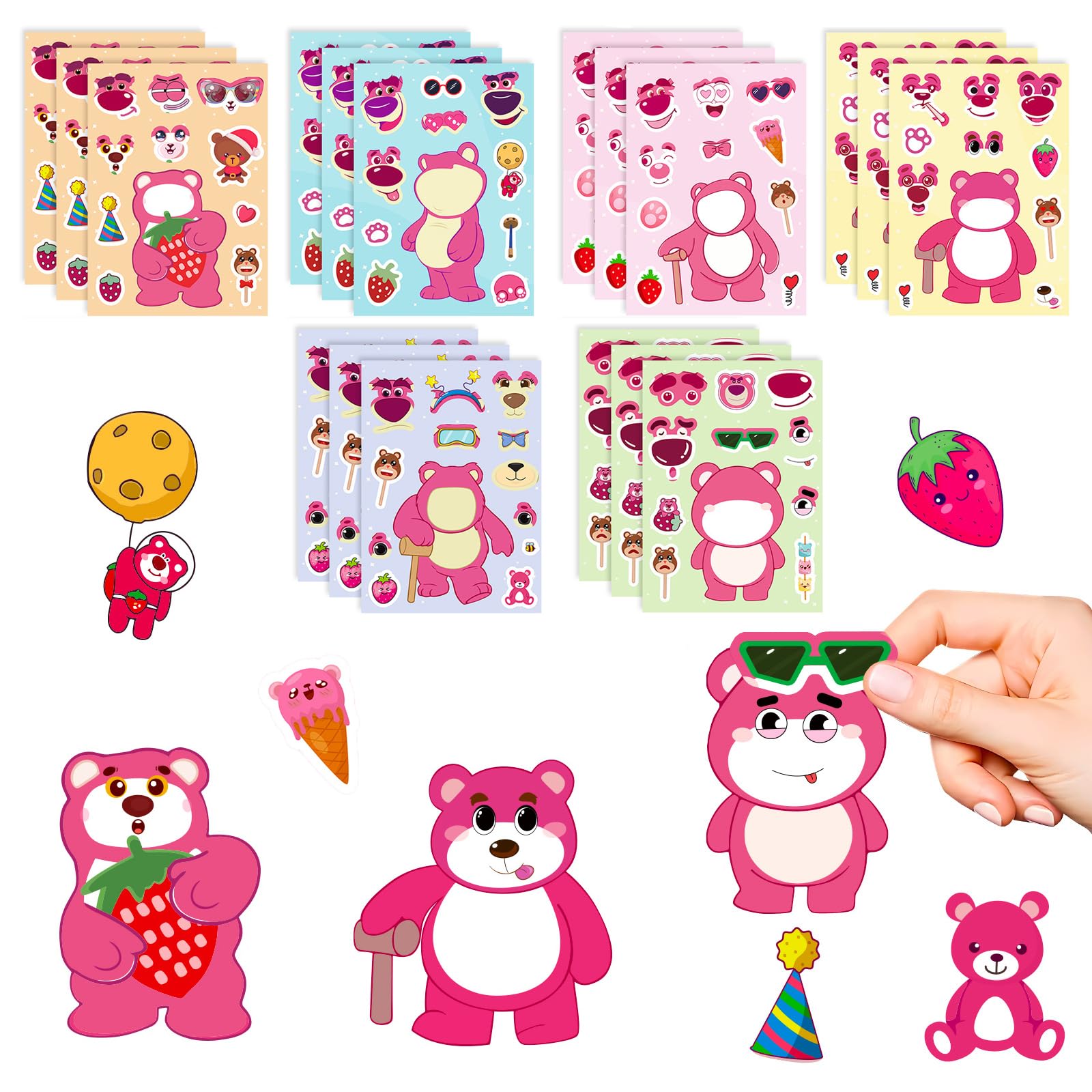 18 Sheets Cartoon Bear Sticker DIY Make a Face Stickers Kids Cartoon Stickers Make Your Own Stickers Art Crafts for Kids Birthday Party Supplies Gifts Toddler Party Games for Toddlers Boys Girls — image 1