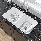 Miuara White Undermount Kitchen Sink 32 Inch Double Bowl 50/50 - Topmount Fireclay Drop In Sink 32"x19"x10", Dual Mount, Heav