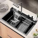 30x18 Dual Waterfall Kitchen Sink,Modern Kitchen Sink with 4 in 1 Faucet,Black Stainless Steel Single Bowl Digital Smart Sink with Pull-Out Faucet,Multifunctional Workstation Sinks with Nano Honeycomb