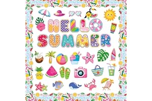 DHQH 58 Pcs Summer Cutouts Beach Hawaiian Theme Bulletin Board Decoration Tropical Fruits Paper Cut Outs with 100 Pcs Glue Point for School Supplies Classroom Home Party Decor