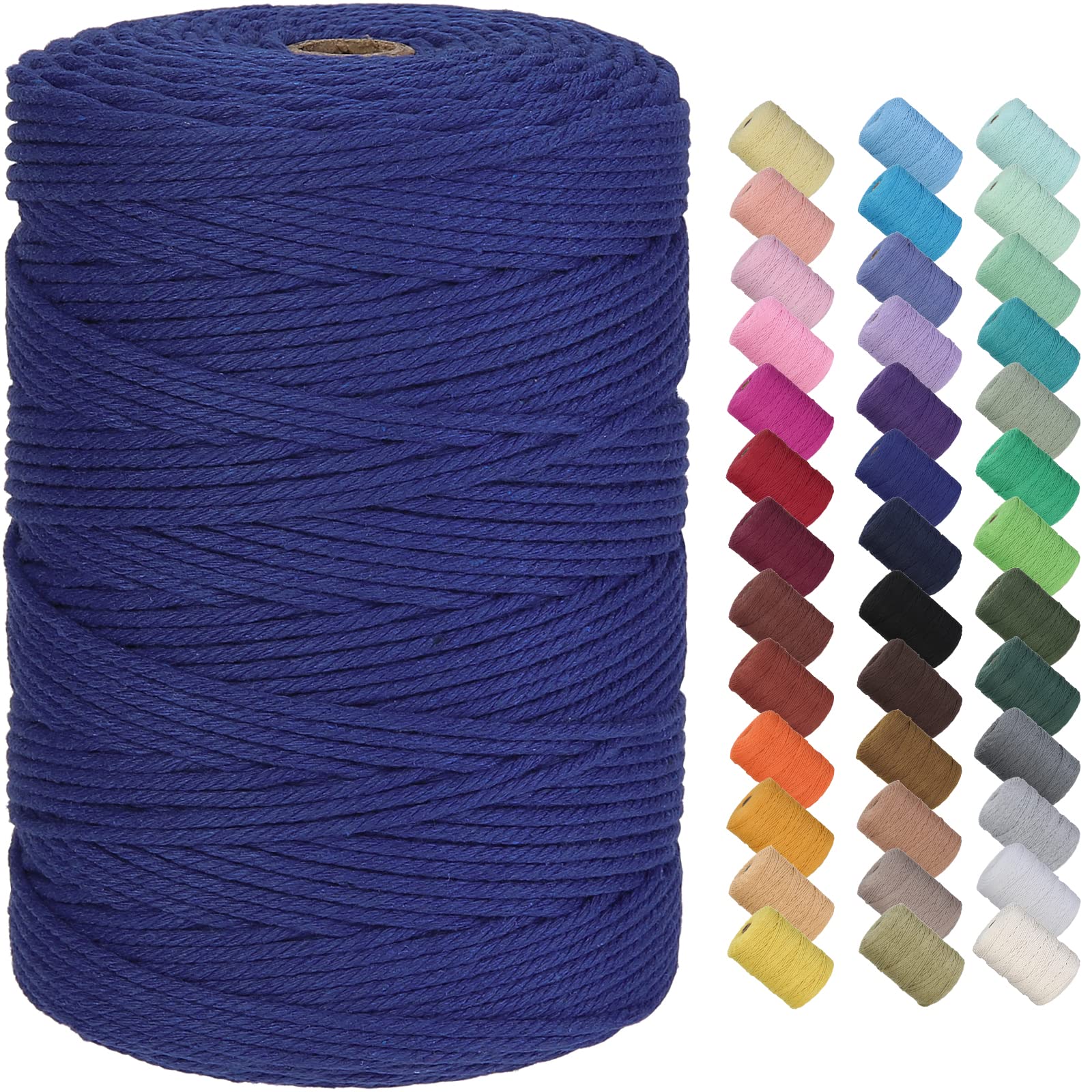 GOHOF Macrame Cord 3mm x 300m Premium Cotton Macrame Rope, 4 Strand Twisted Soft Cotton Cord, One of The Most Perfect Materials for Macrame Art, Cotton String Without Chemicals (Dark Blue)
