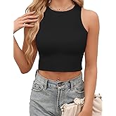 AURUZA Womens Double Lined Crop Tops, High Neck Cropped Tank Top Sleeveless Racerback Workout Tops Basic Cute Summer Shirt(Black, L)