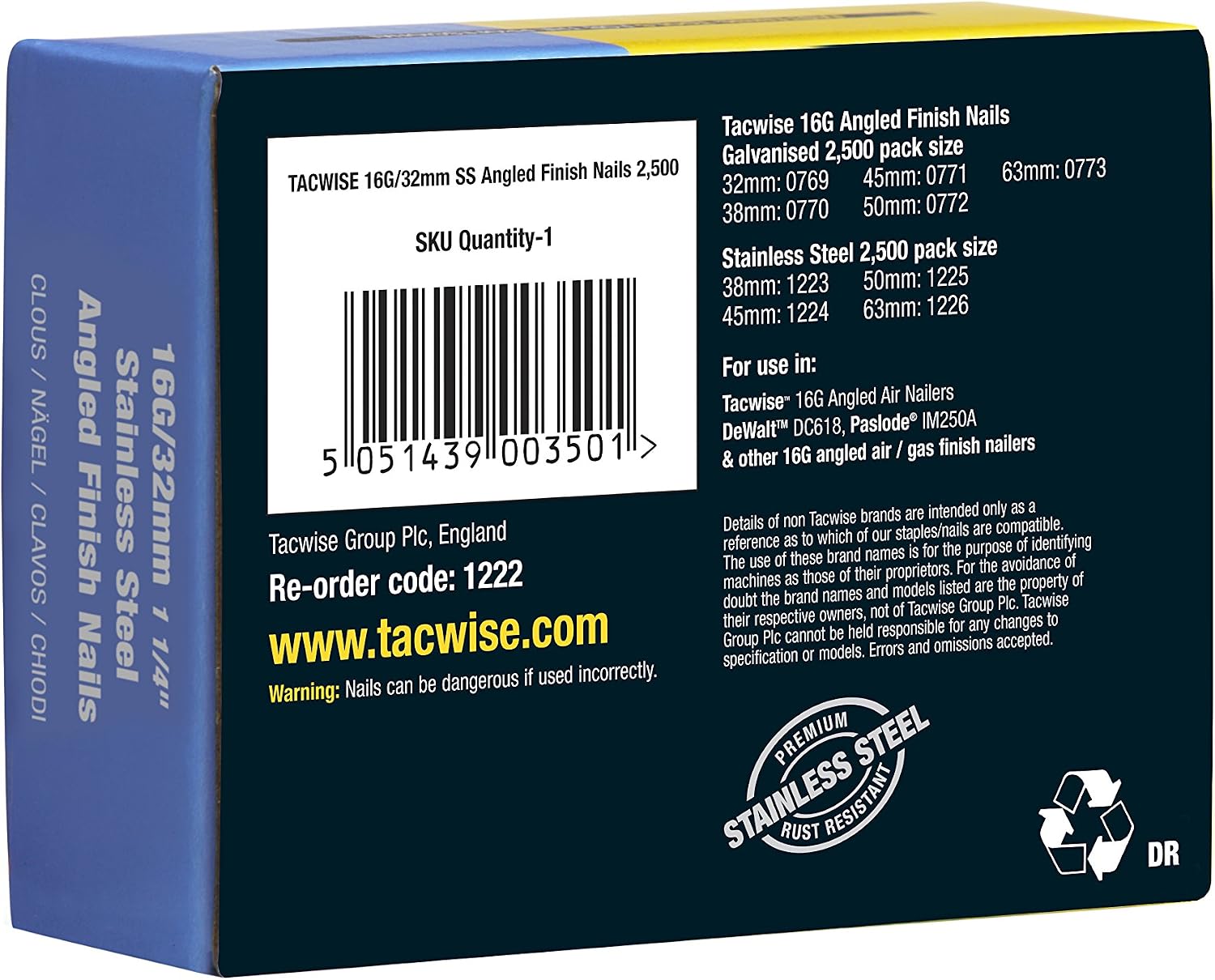 TACWISE 1222 Type 16G / 32 mm Stainless Steel Angled Finish Nails, 20° Inclined, Pack of 2500, 2500 Count (Pack of 1) - Image 3