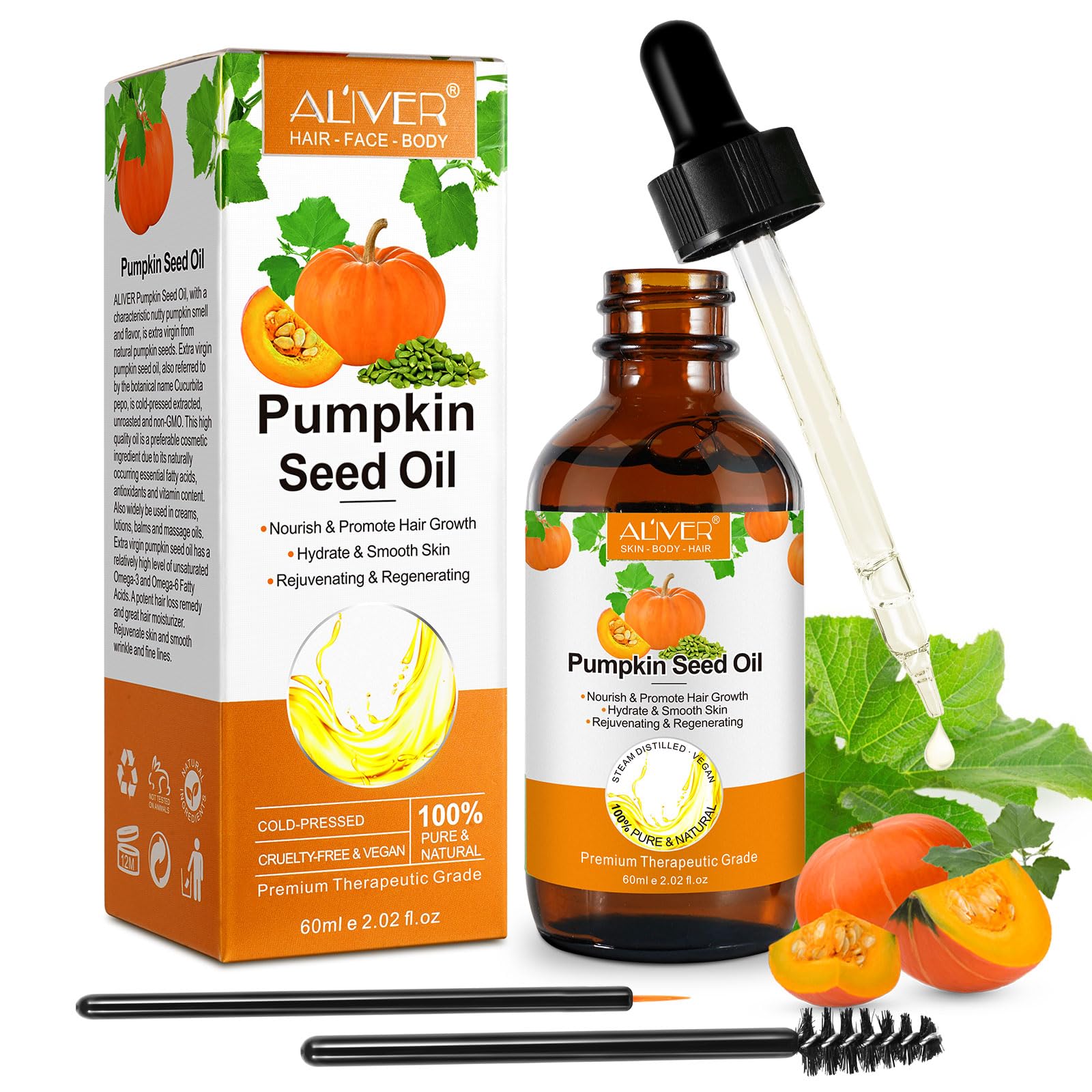 Pumpkin Seed Oil for Hair Growth, Organic Pumpkin Seed Oil, 100% Pure Cold Pressed, Help Growth for Eyebrows, Eyelashes & Dry Damaged Hair, Moisturizing Scalp,Face, Nails, Body, Skin, 1 Pack