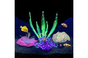Lpraer 4 Pack Glow Aquarium Decorations Coral Kelp Anemone Lotus Coral Simulation Glow Plant Glowing Effect Silicone for Fish Tank Decorations