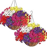 KHOYIME Artificial Hanging Flowers Plants Basket for Outdoors Indoor, 2 Set Faux Silk White Yellow Purple Fuchsia Red Pink Morning Glory Fake Eucalyptus Planters Spring Summer Home Garden Patio Decor