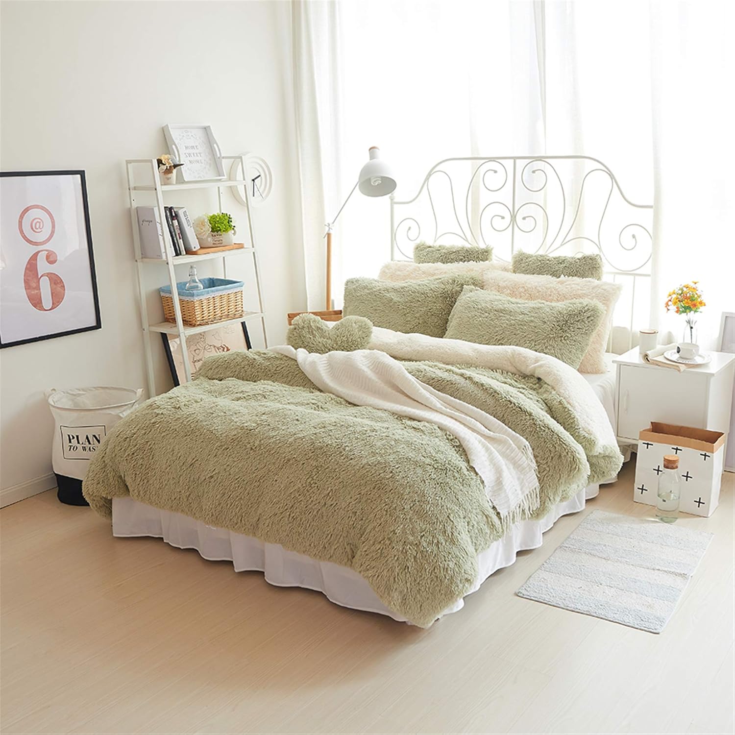 MooWoo Luxury Plush Fluffy Bedding Sets, 1 Faux Fur Duvet Cover + 1 Fleece Flannel Bed Sheet