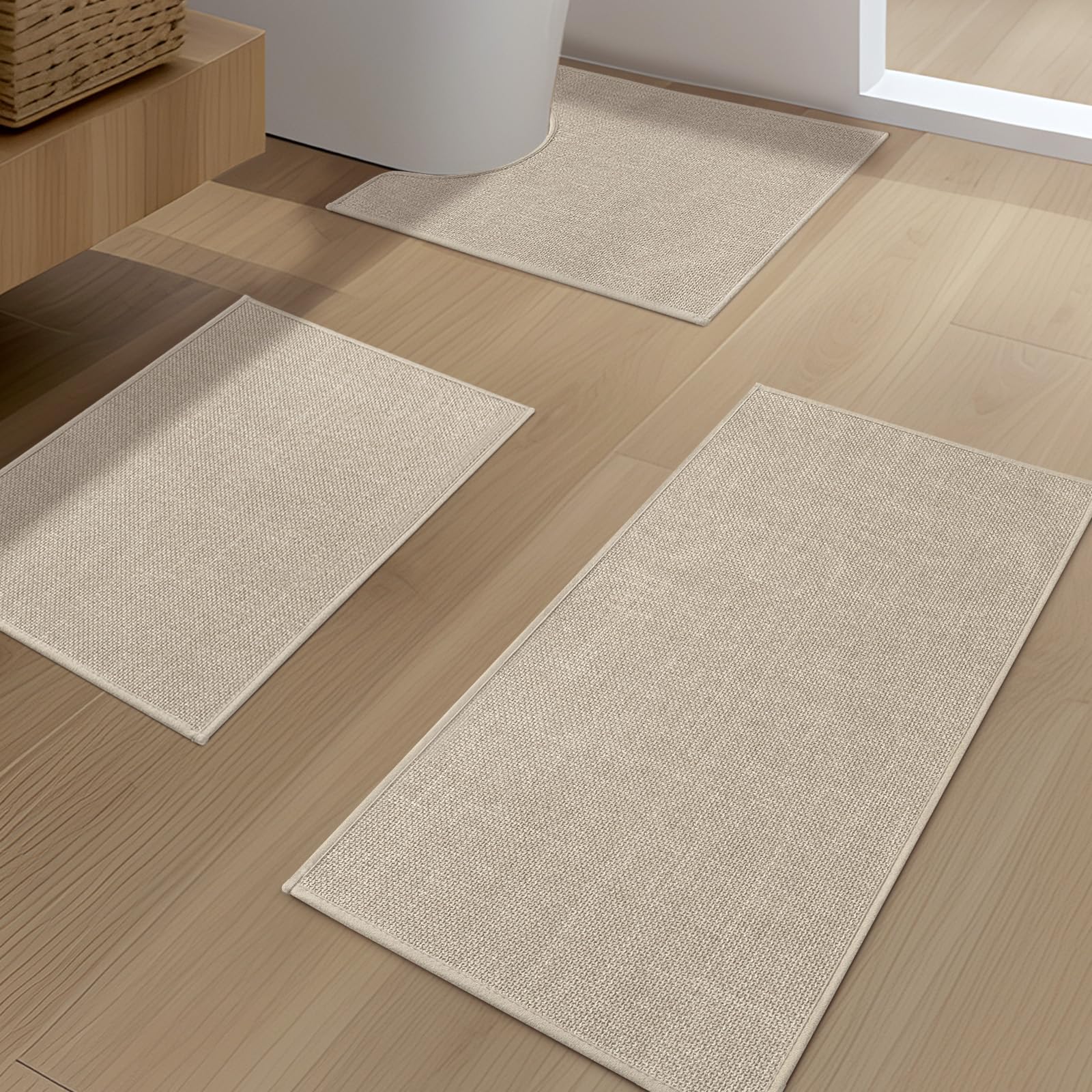 Photo 1 of YIHOUSE Beige Bathroom Rug Sets 3 Piece, Absorbent Bath Mat for Bathroom Non Slip Washable, Bathroom Mat Quick Dry, Thin Bath Rug Set for Toilet and Floor