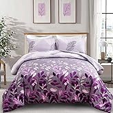 DJY Purple Comforter Set King, Botanical Leaves Comforter for King Bed 3 Pieces Reversible Floral Bed Comforter Sets Soft Microfiber Bedding Set for All Season (104"x90")