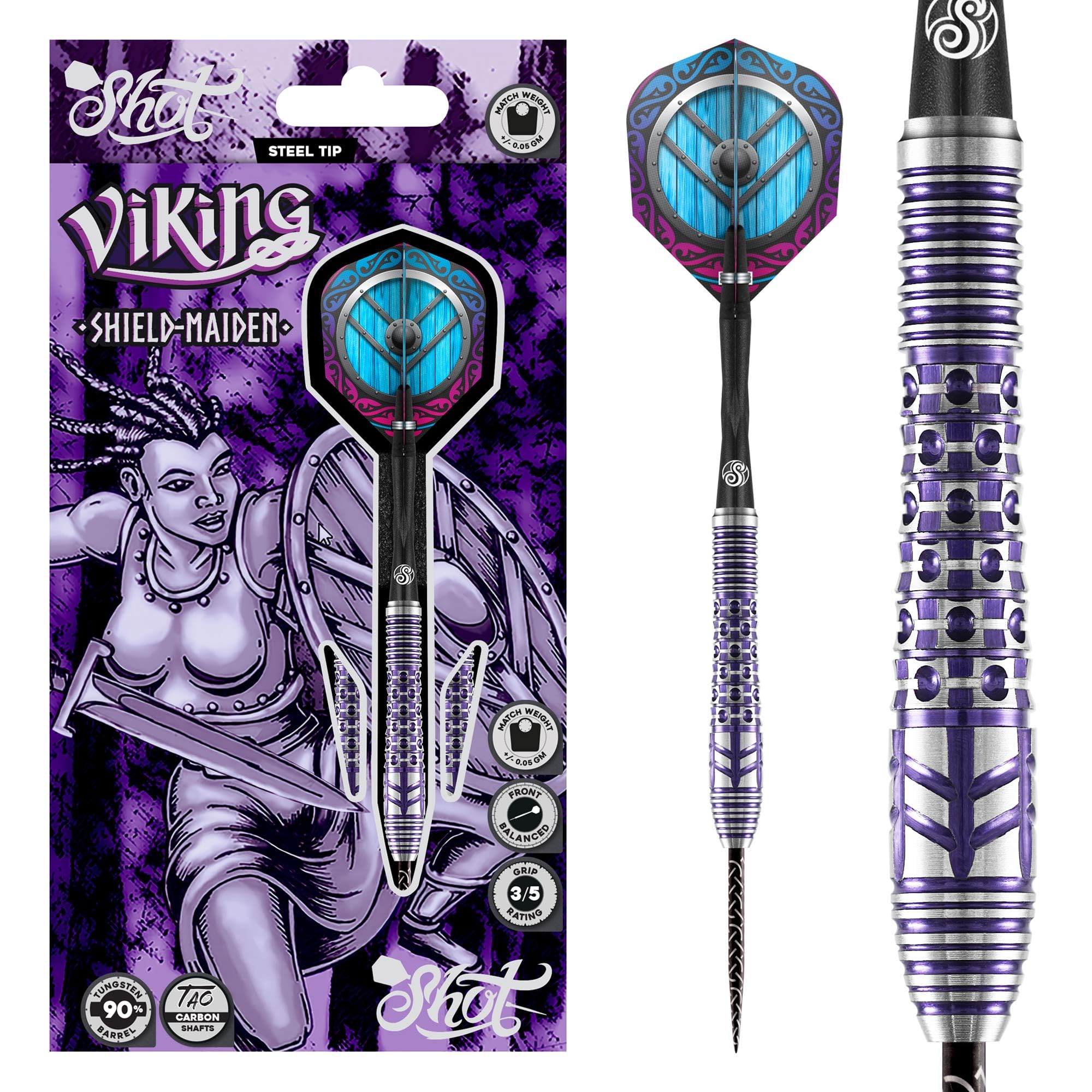 Shot! Darts Viking Shield Maiden Steel Tip Dart Set 23gm Front Weighted 90% Tungsten Barrels