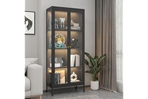 Kubohogar Display Cabinet with Glass Doors, 66" Curio Cabinet with 3 Color Lights, 4 Tier Display Case for Collectibles, Black Metal Cabinets for Living Room