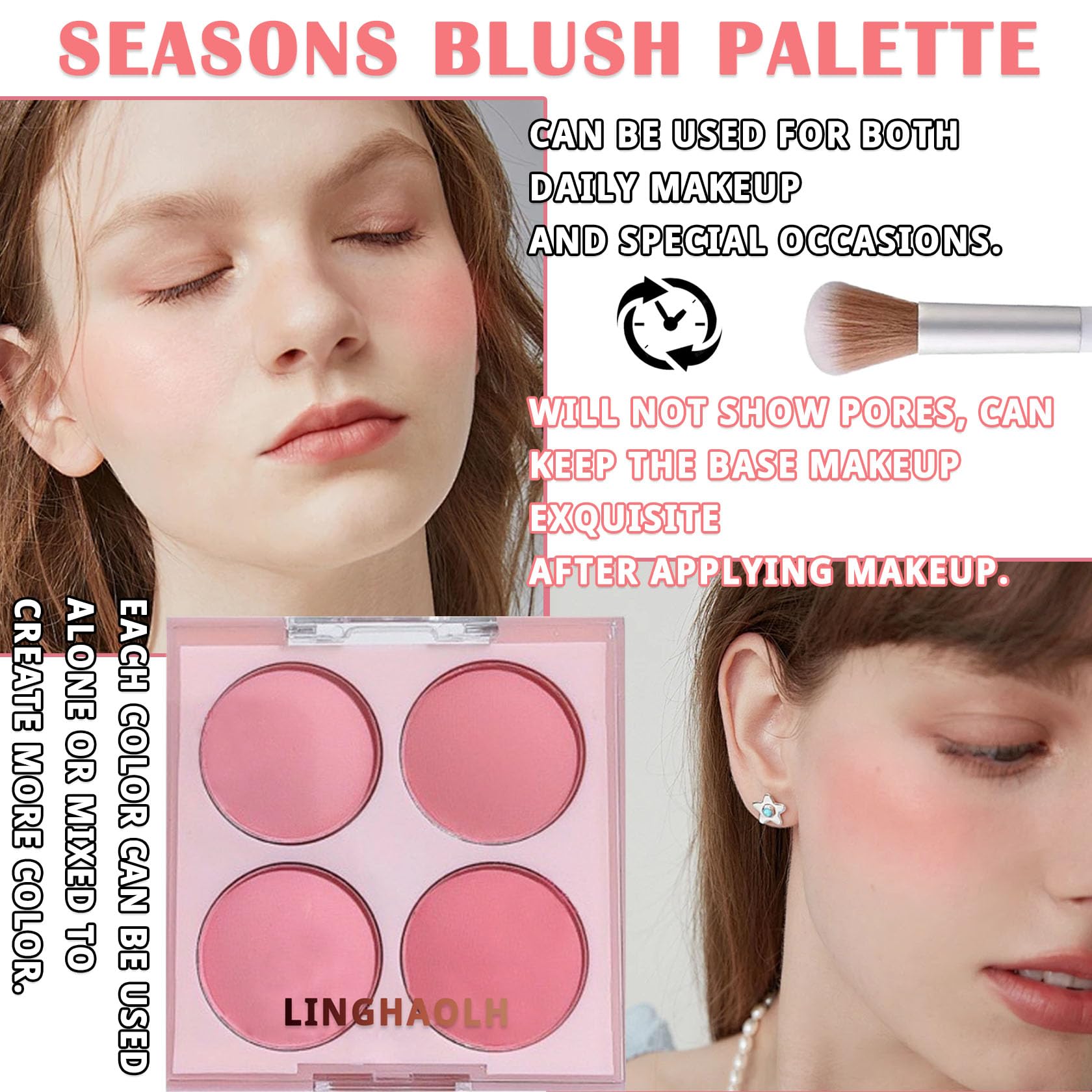 LingHaoLH 4 Colors Blush Palette for Cheeks,Face Matte Contour Blush Makeup Palette,Buildable Shimmer Facial Cheek Blusher Shades,Blendable Cosmetic Makeup Blush with Blush Brush 01