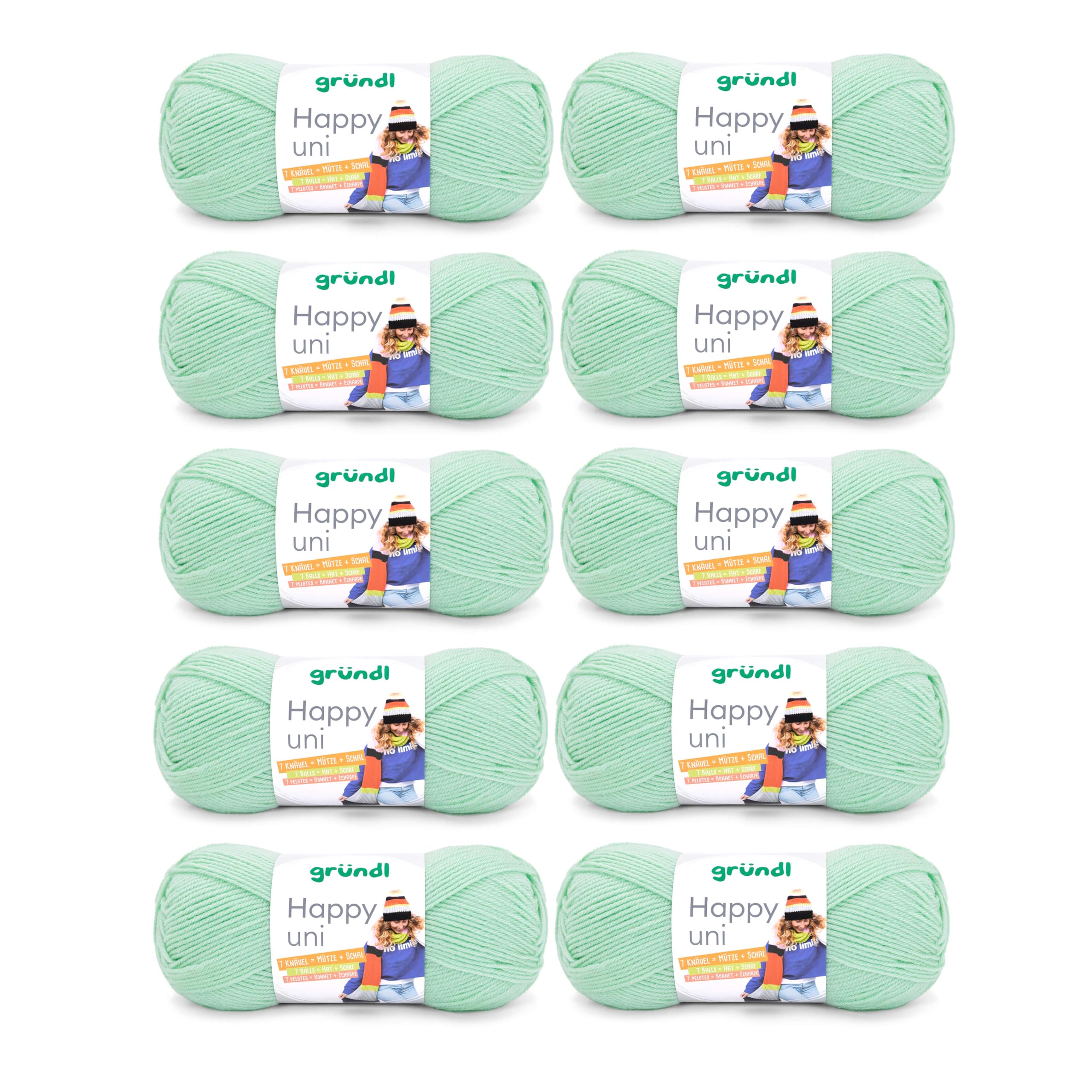 Gründl “Happy Uni”, 10x balls of 100 g knitting yarn, 100% acrylic, 40 cm x 39 cm x 9 cm, 100% Polyacrylic, mint, 40 x 39 x 9 cm