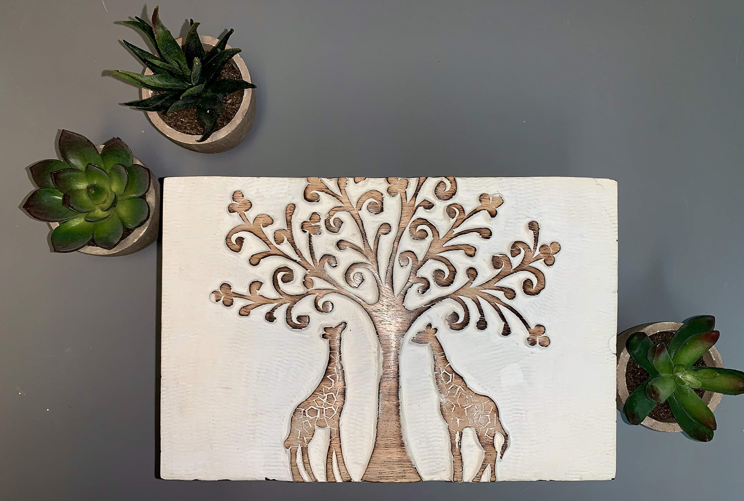 My Family House Wooden Rectangle Trinket Box - Giraffe and Tree - Hand Carved Mango Wood Jewellery Box - Large