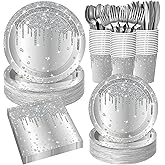 Sunnychicc 400 Pcs Silver Birthday Party Supplies Disposable Paper Plates Glitter Diamonds Napkins and Cups for Women Birthday Anniversary Wedding Party Decorations Supplies