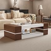 HedoAjim 47.2" Modern Stylish Coffee Table with Glass Table Top, Large Living Room Table Rectangular 2-Tier Center Tables with Storage, Wood Cocktail Tea Tables for Dining Reception Room White Walnut