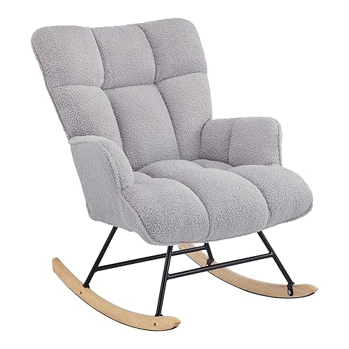 Aunekiv Rocking Chair for Nursery, Teddy Upholstered Glider Nursing Chair for Adults, Comfy Rocking Armchair Indoor for Living Room Bedroom, Grey